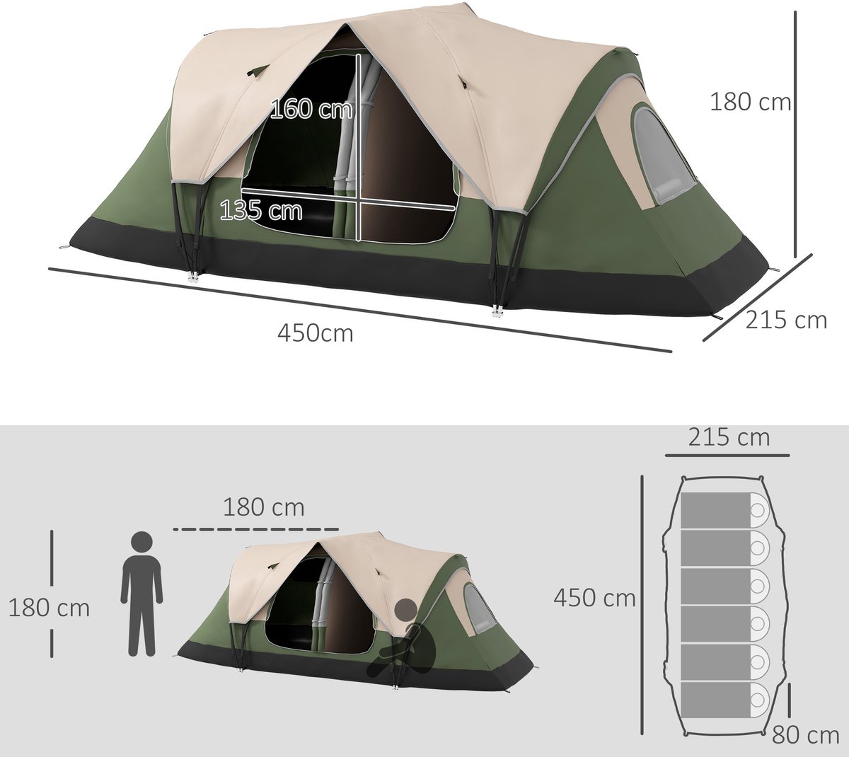 Outsunny Kampeertent Polyester, Glasvezel 450L x 215B x 180H cm Donkergroen – foto 4