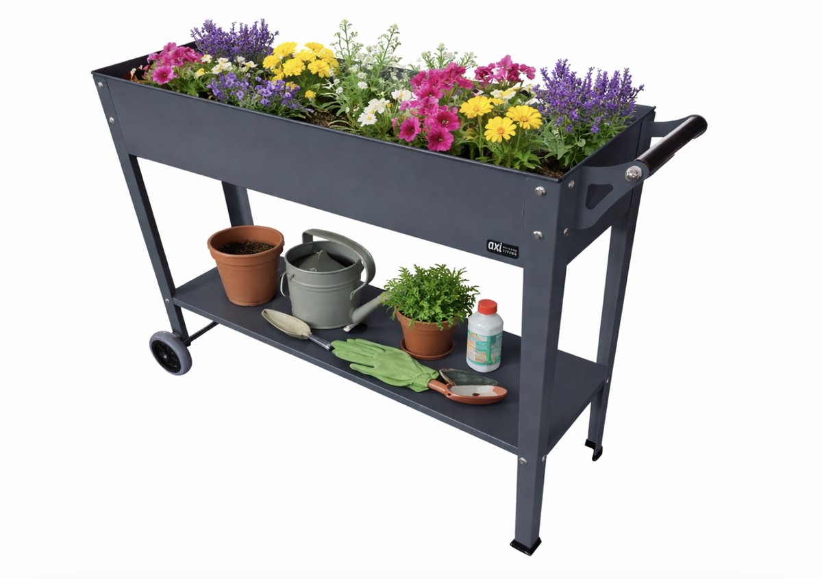 Verhoogde plantenbak met plank en wielen metalen plantenbak op poten voor tuin balkon of terras 100 x 30 x 80 cm antraciet