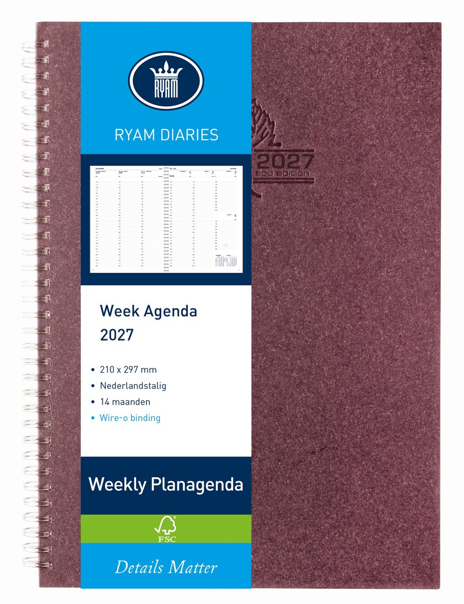 Ryam | Bureau agenda | Weekly Wire-O Wit NL Eco | 2027 | Spiraal | A4 | 14 mnd | Rood |