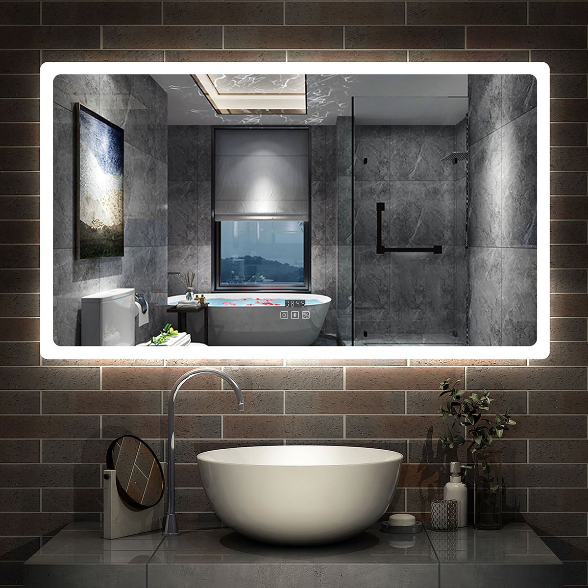 AICA Badkamerspiegel 120x70 cm met Bluetooth en Tijd - 3 LED standen - Dimbaar - Anti-Condens - Geheugen Rechthoek Wandspiegel met Warm/Neutraal/Koud Wit IP44