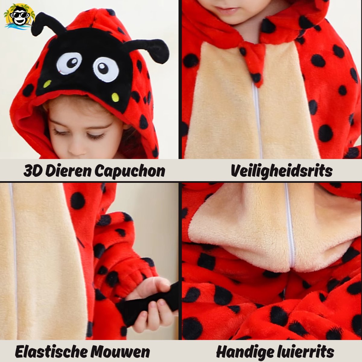 BoefieBoef Dieren Baby Onesie Peuter Pyjama Kinderen 6 maanden - 2 jaar – Lieveheerstbeestje – Verkleedkleding met Luierrits – Carnaval Dierenpak - Halloween en Kraamcadeau Tip – Zacht Flanel - Romper - Boxpak - Jongens - Meisjes - Kruippak - — afbeelding 2
