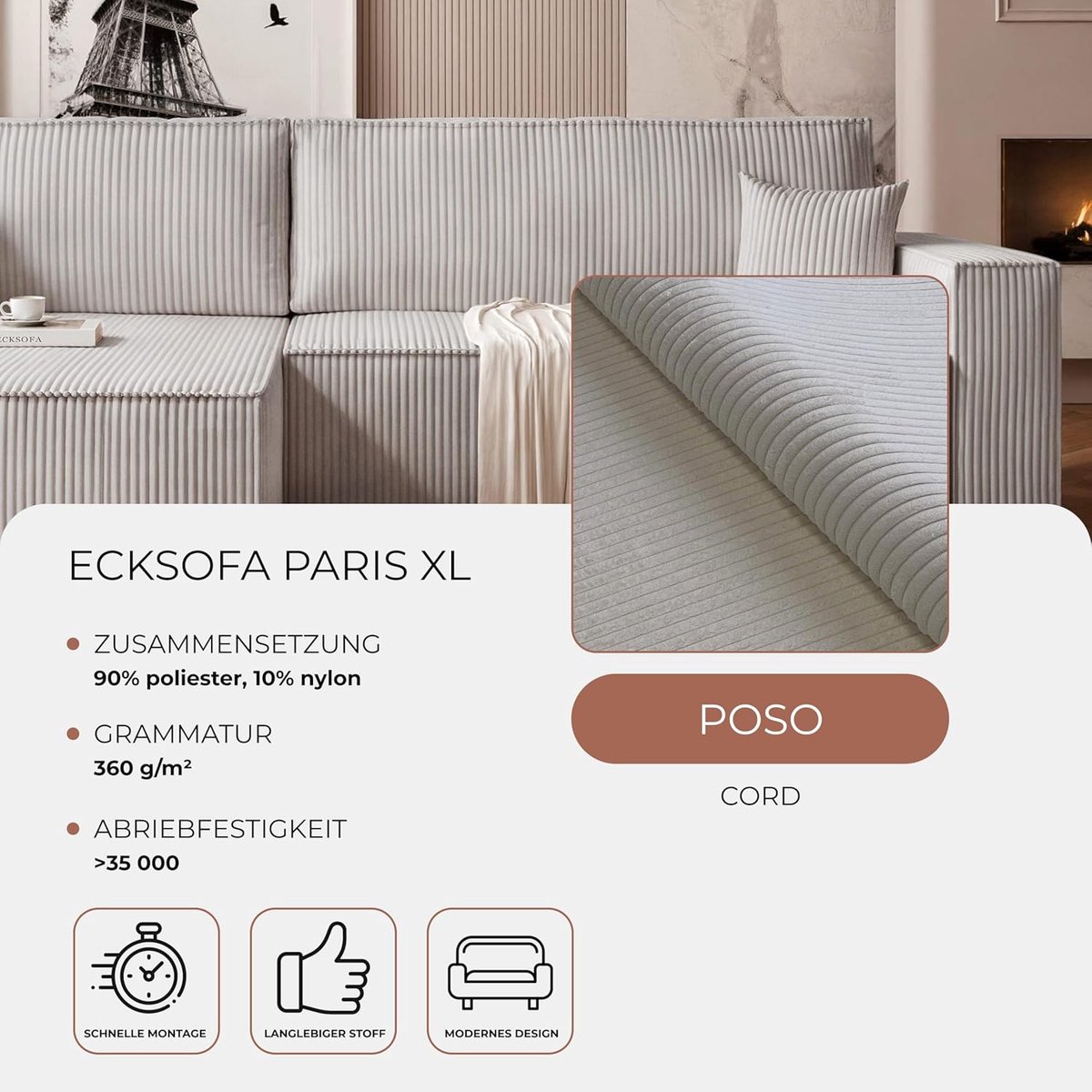 Slaapbank met Opbergruimte en Slaapfunctie 276x145x79 cm – L-vormige 3-Zits Hoekbank, Uitschuifbaar Bed 232x125 cm, Corduroy Stof, Ottomaan Links/Rechts, Modern Design – Laura