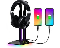 RGB Hoofdtelefoonstandaard - Headset Houder - Gaming Setup - 2 USB Poorten - 26.7x12.3x10.3cm - Zwart