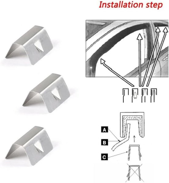 Drie zilverkleurige clips, vergezeld van installatie-instructies met pijlen en diagrammen.