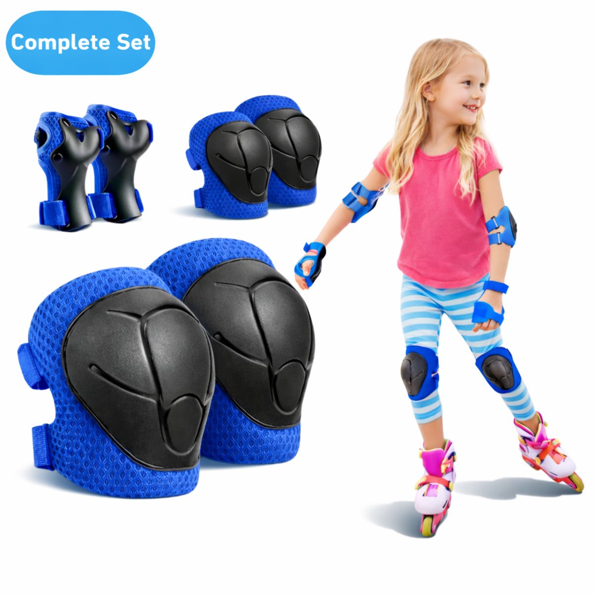 Hunta® Skate Beschermset Kinderen Beschermers Skeelers & Skates Valbescherming met Kniebeschermers Polsbeschermers en Elleboogbeschermers Verstelbare Skeeler Bescherming Skateboard & Rolschaatsen Skeeleren en Skaten voor Kind Blauw