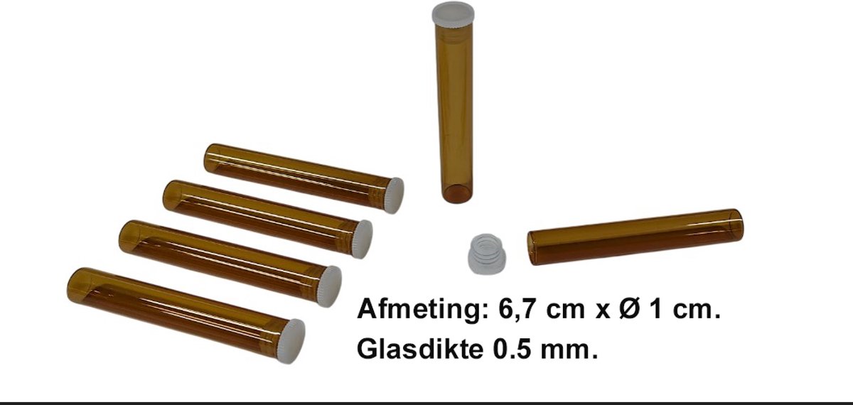 Aluglas - Glazen Tabletten buisje - Bruin Glas - UV bestendig - met lamellendop – afmeting 6,7 cm. x Ø 1 cm.- 50 Stuks