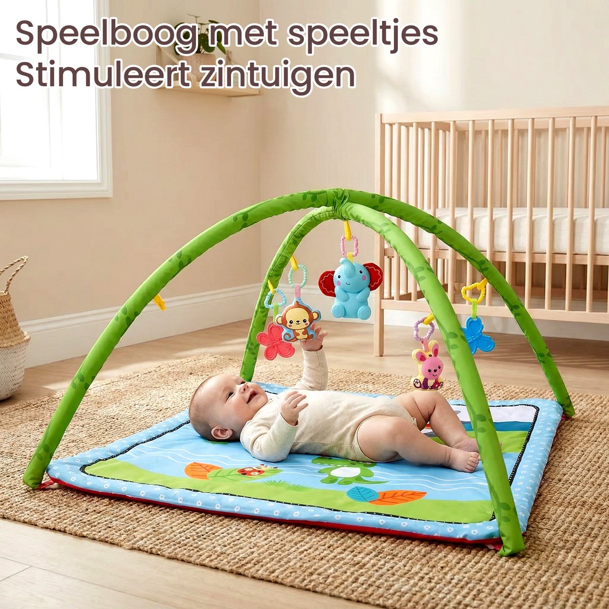 Speelkleed Baby met Boog - Buikligtrainer - 78 x 78 cm - Buiktrainer Baby - Tummy Time - Speelmat Baby - Speelboog - Babygym thumbnail 6