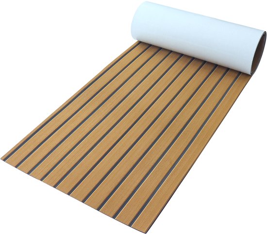 TeakFoamShop – Tapis de bateau en mousse de teck EVA Pro Series – Revêtements de sol autocollant Premium Bateaux – 240 x 60 cm – Marron clair avec lignes noires – Durable et Luxe , antidérapant