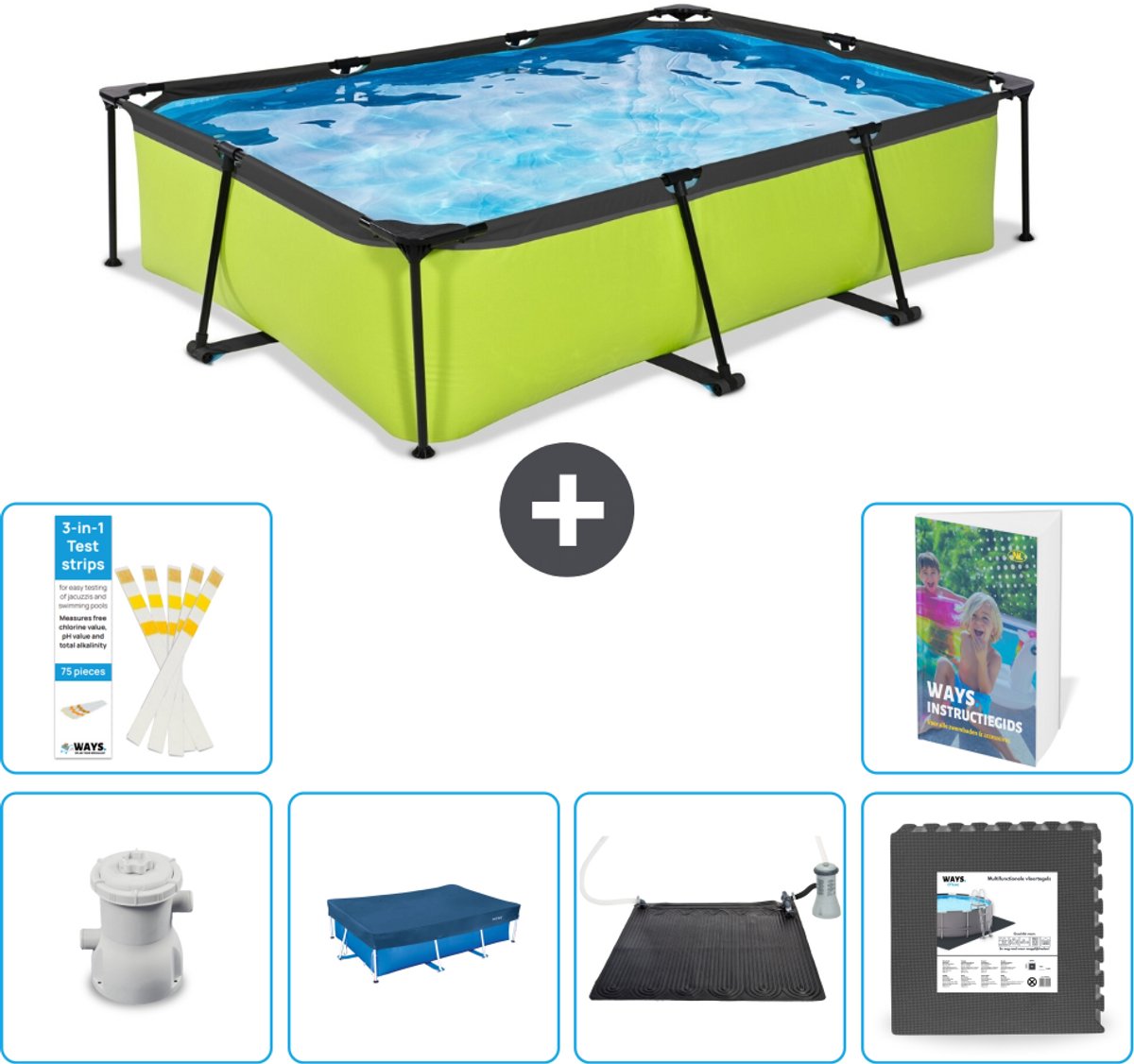 EXIT Rechthoekig Lime Frame Zwembad - 300 x 200 x 65 cm - Inclusief Pomp Afdekzeil - Solar Mat - Vloertegels - 7-delig