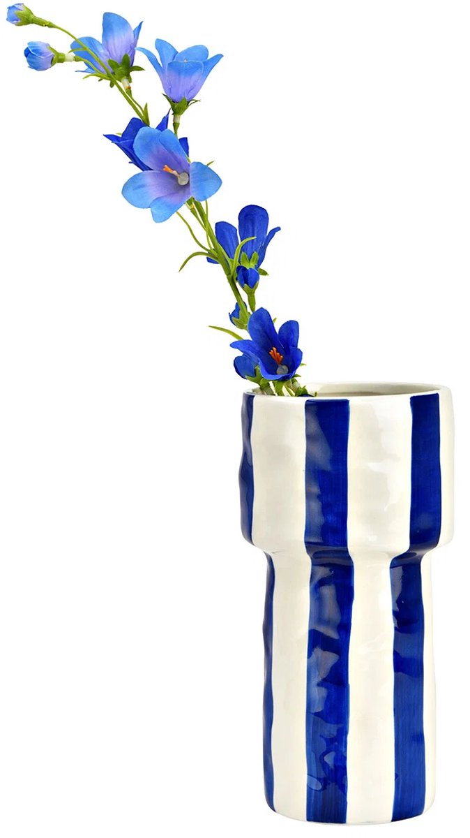 Wurm - Gestreepte keramieken vaas (alleen voor droogbloemen), blauw (B/H/D) 10x20x10cm