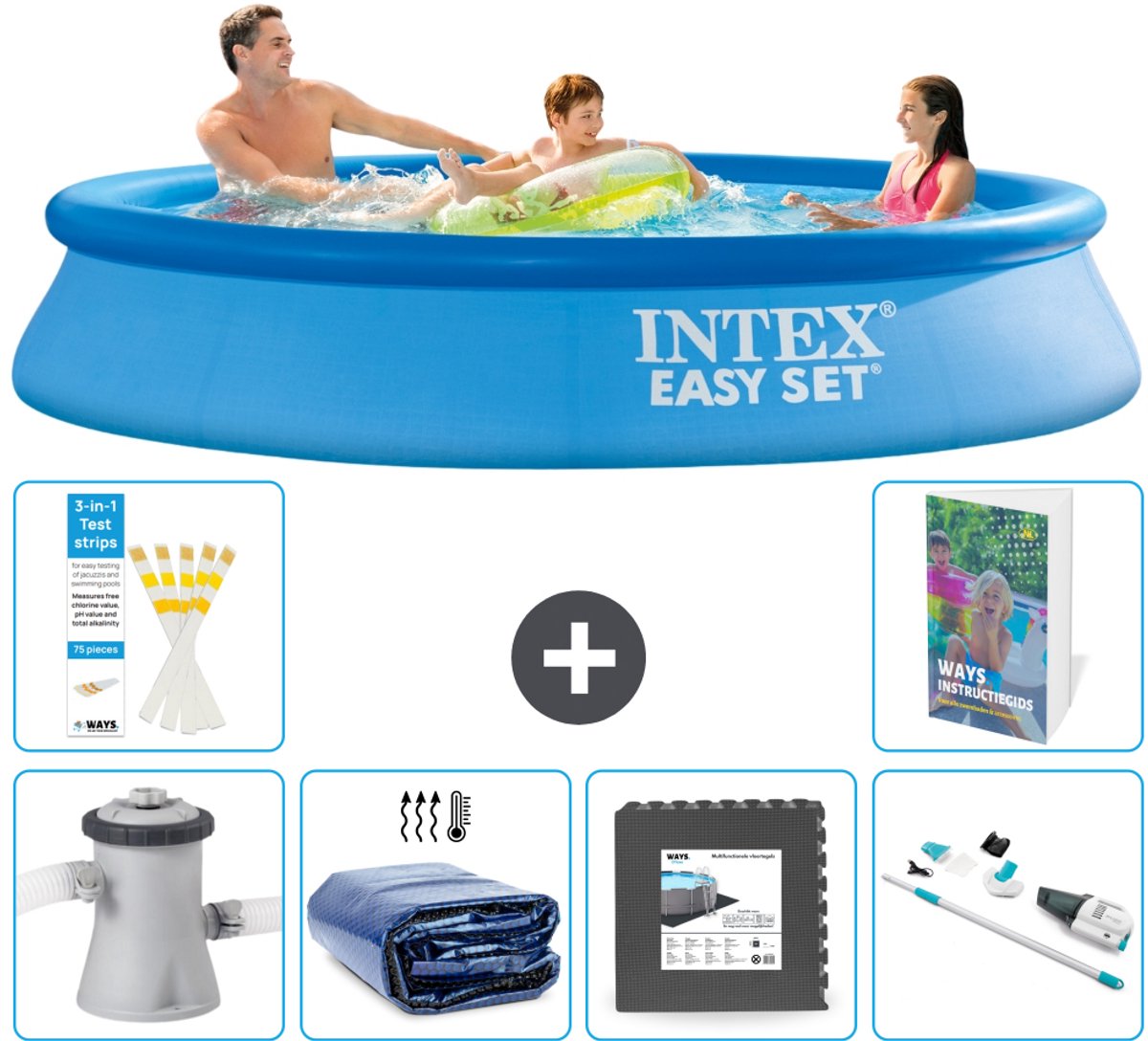 Intex Rond Opblaasbaar Easy Set Zwembad - 305 x 61 cm - Blauw - Inclusief Pomp Solarzeil - Vloertegels - Stofzuiger - 7-delig