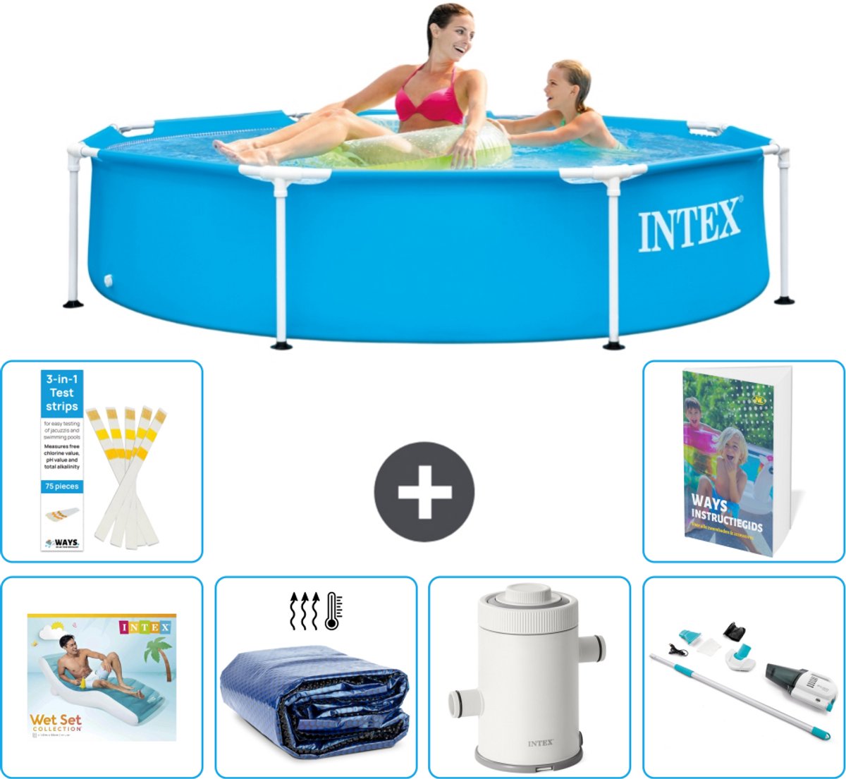Intex Rond Frame Zwembad - 244 x 51 cm - Blauw - Inclusief Loungebed - Solarzeil - Zwembadfilterpomp - Stofzuiger - 7-delig