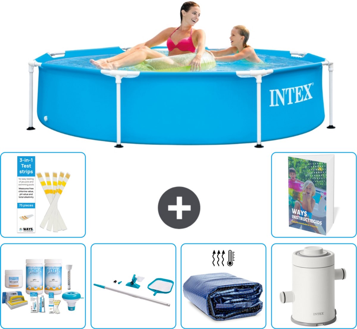 Intex Rond Frame Zwembad - 244 x 51 cm - Blauw - Inclusief Onderhoudspakket - Schoonmaakset - Solarzeil - Zwembadfilterpomp - 7-delig
