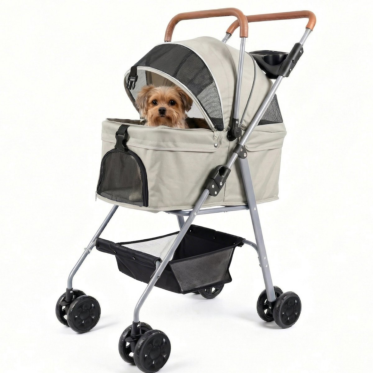 Hondenbuggy inklapbare 3-in-1 – Hondenkar met afneembare mand en autostoelfunctie – Hondenwagen voor kleine honden en katten tot 17 kg – Met rem, boodschappenmand en gaasraam - Beige