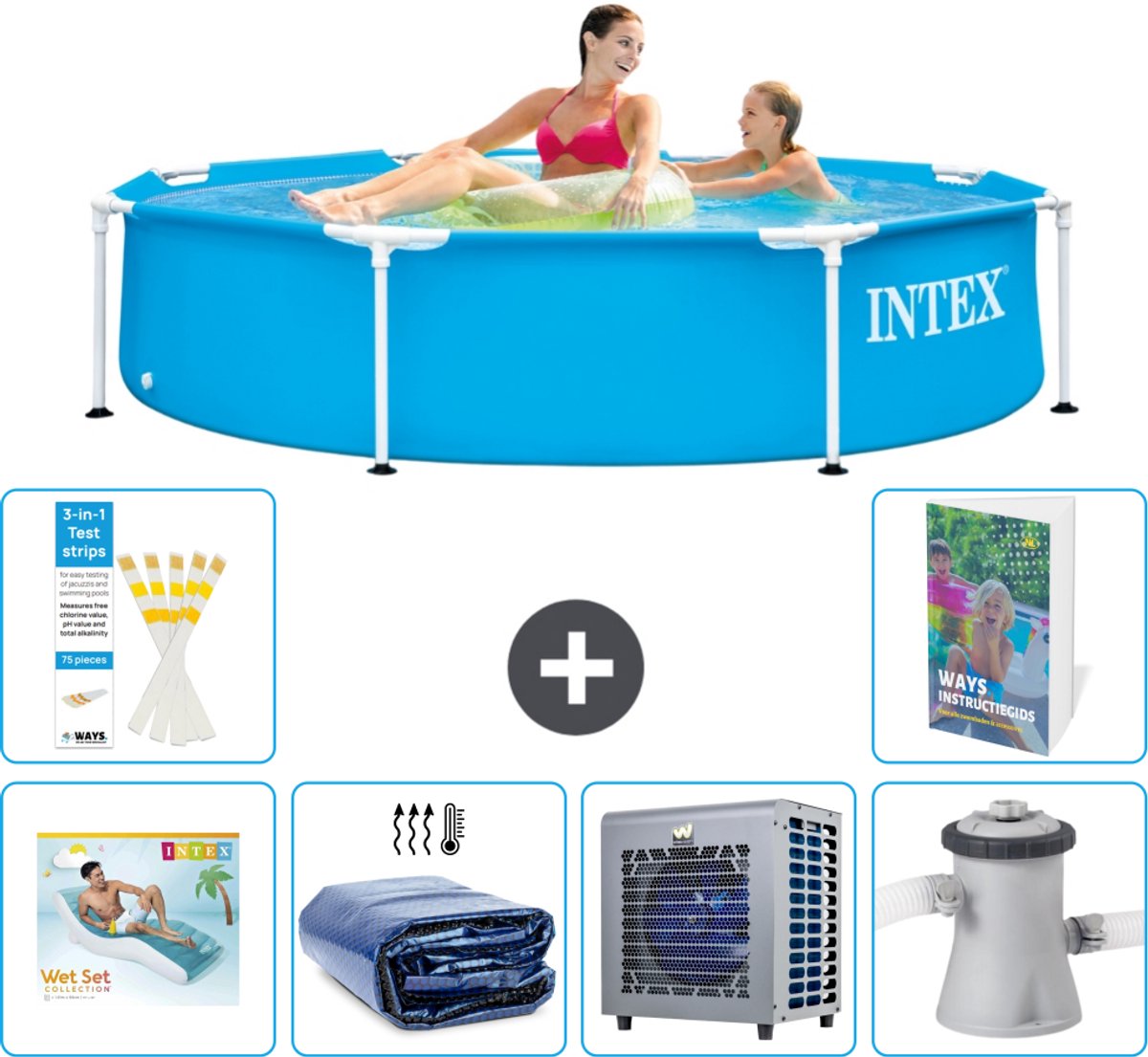 Intex Rond Frame Zwembad - 244 x 51 cm - Blauw - Inclusief Loungebed - Solarzeil - Warmtepomp - Zwembadfilterpomp - 7-delig