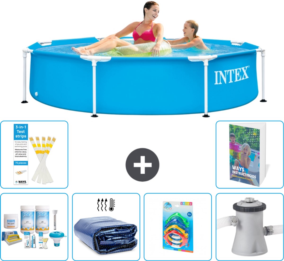 Intex Rond Frame Zwembad - 244 x 51 cm - Blauw - Inclusief Onderhoudspakket - Solarzeil - Speelgoed - Zwembadfilterpomp - 7-delig