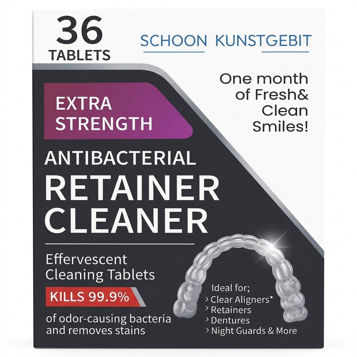 Kunstgebit & Beugel Reinigingstabletten – Extra Sterk – 36 Stuks – Voor Invisalign, Retainers & Protheses – Frisse Mint – Verwijdert 99,9% Bacteriën