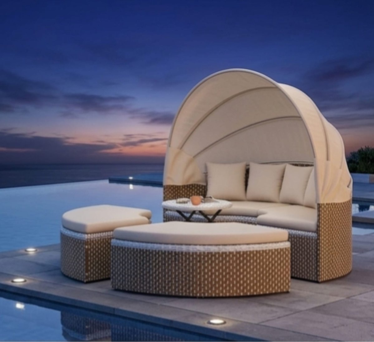 Rotan Loungebed Tuin 150x140x55 cm met Verstelbare Luifel en Kussens – Weerbestendig Outdoor Lounge Eiland met Tafelblad – Beige – Urbanhome