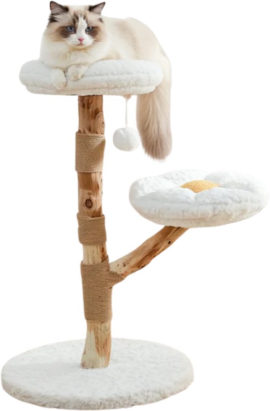 EcoPawPaw Natuurlijke Houten Kattenkrabpaal – Compacte Kattenboom met Sisal Krabpalen en Zachte Bloem Ligplaatsen – Voor Kleine tot Middelgrote Katten