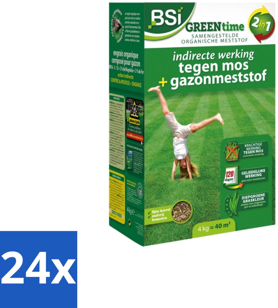 BSI – Organisch-Minerale Gazonmeststof – Indirecte Mosbestrijding – 4 kg (40 m²) - Voordeelverpakking - 24 stuks
