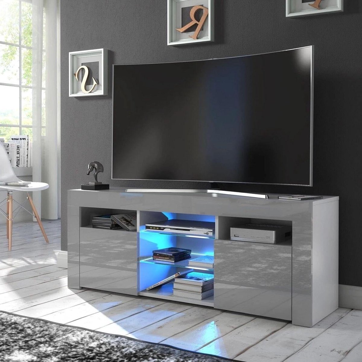 Tv-meubel met LED - Mediabureau Kast - Woonkamer Inrichting - Hoogglans en Mat Afwerking - 120cm Breed - Grijs
