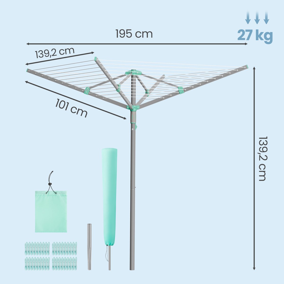 SONGMICS - Wasrek - Droogmolen - 45 m Waslijn - Voor 4 Wasbeurten - Inclusief Wasknijpers