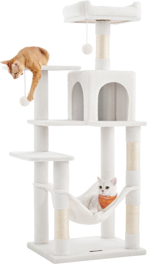Kattenboom met twee verdiepingen, wit, met twee katten, een in een hangmat en een op een plateau.