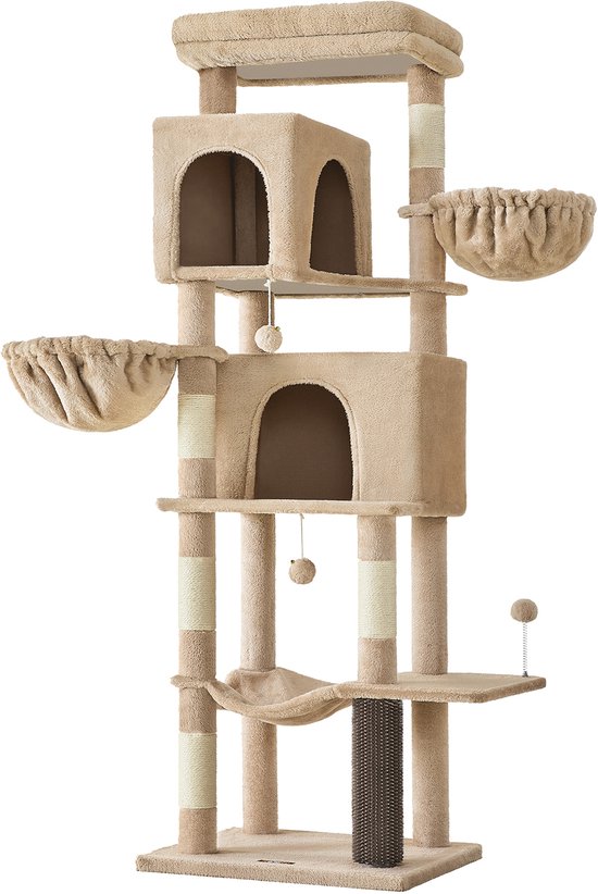 Arbre à chat marron à plusieurs niveaux, avec hamacs, grottes et poteaux à griffer.