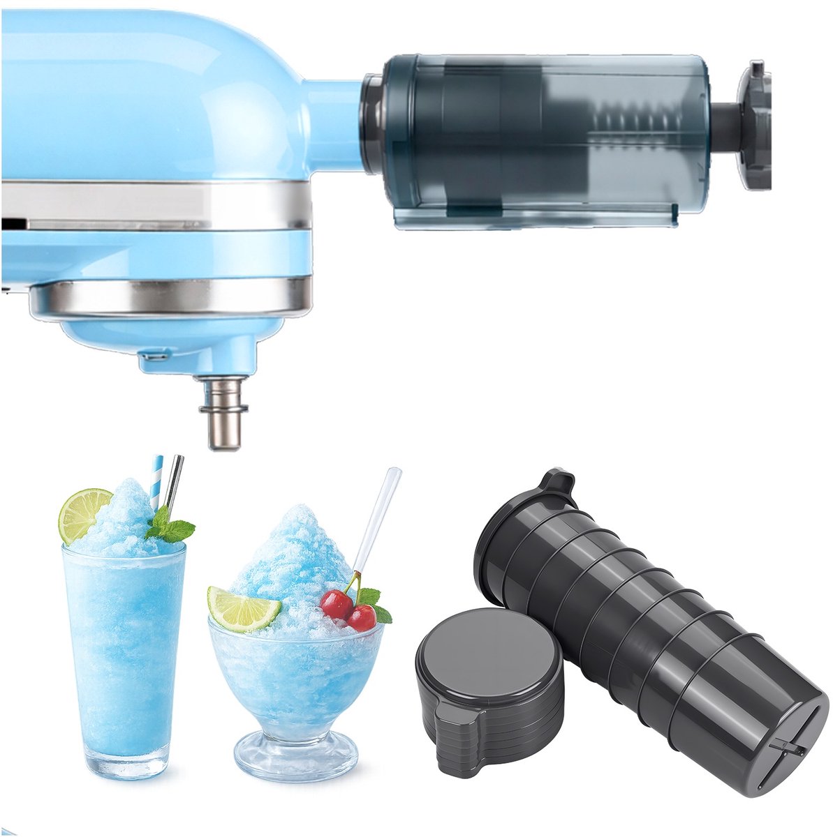 IJsschaaf Opzetstuk voor KitchenAid 4,5-5 Quart Tilt-Head Stand Mixers van MMOBIEL – IJsmaker met Instelbare Schaafstand en 8 Herbruikbare IJsvormen – Voor Shaved Ice Desserts & Koude Dranken