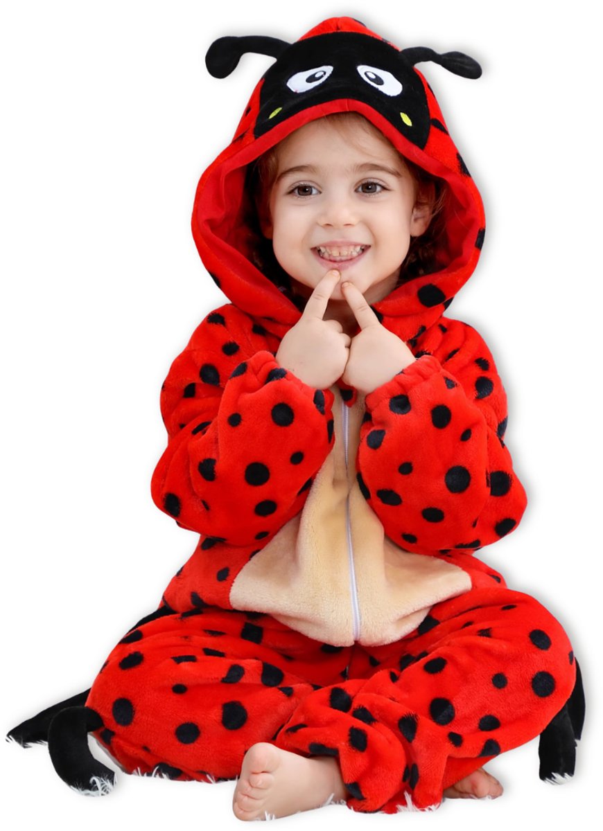 BoefieBoef Dieren Kleuter Onesie Lieveheerstbeestje Peuter Pyjama Kinderen 2 tot 4 jaar – Verkleedkleding met Luierrits – Carnaval Dierenpak - Kerst en Kraamcadeau - Zacht Flanel - Baby Romper - Boxpak - Jongens - Meisjes - Kruippak - Winterpak