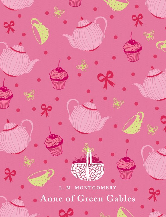 Roze achtergrond met gestileerde theepotten, cupcakes, vlinders en strikken in roze en geelgroen.