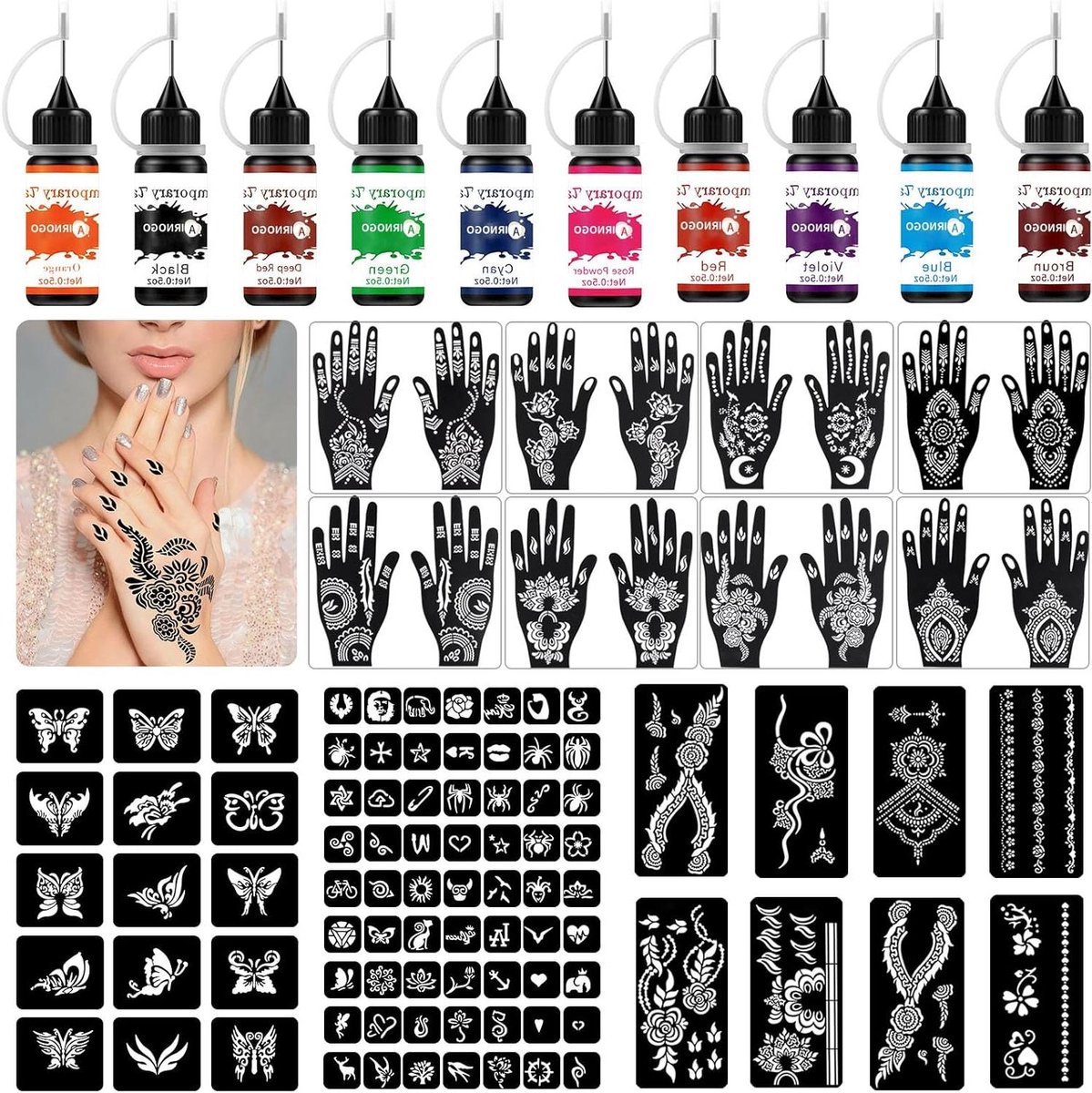 Tijdelijke Tatoeageset - Huidkunst Kit - Feestjes en Fun - 10 Kleuren Inclusief - 30x21cm - Lichtgevend