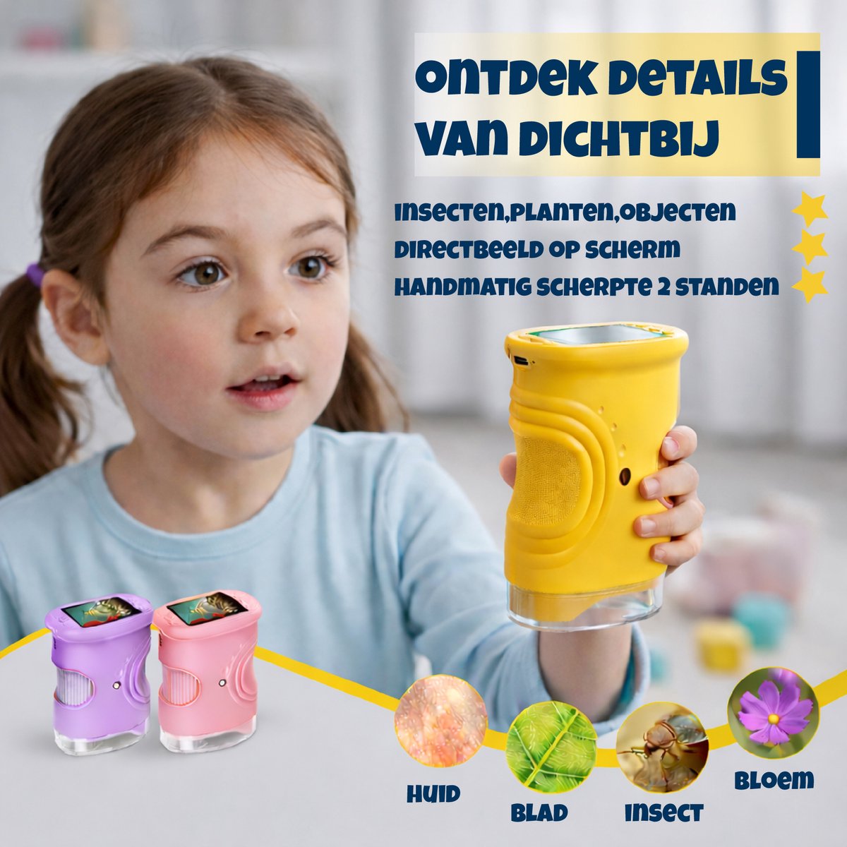 DUTCHPOWER Digitale Microscoop 1000x-4K-voor Kinderen – Draagbare Handmicroscoop met Foto & Video – STEM Educatief Speelgoed voor Ontdekken in Tuin en Natuur – Geschikt voor 4 t/m 12 jaar-Geel — afbeelding 6