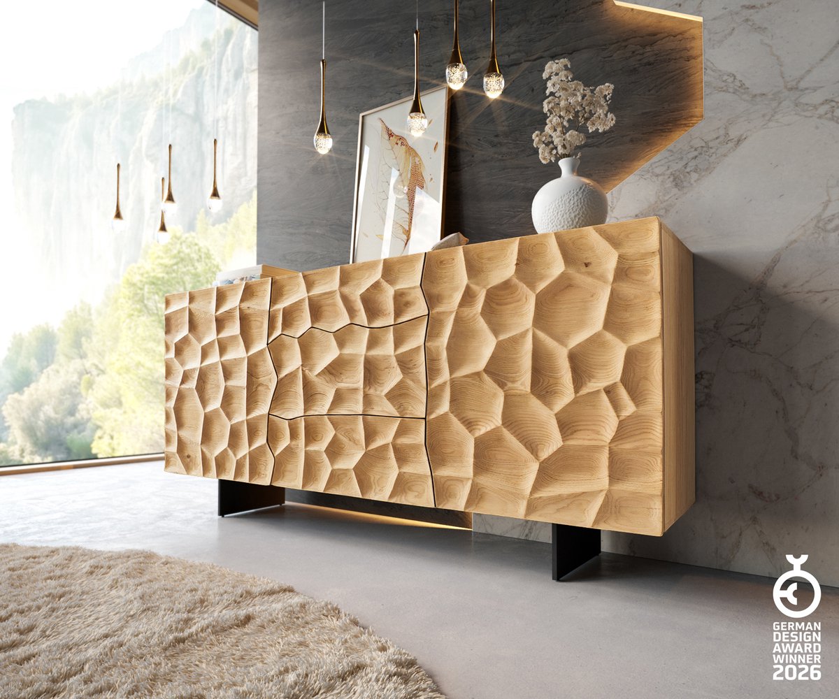 Dressoir Solu natuur eiken 175 cm 2 deuren 3 laden dressoir 3D front