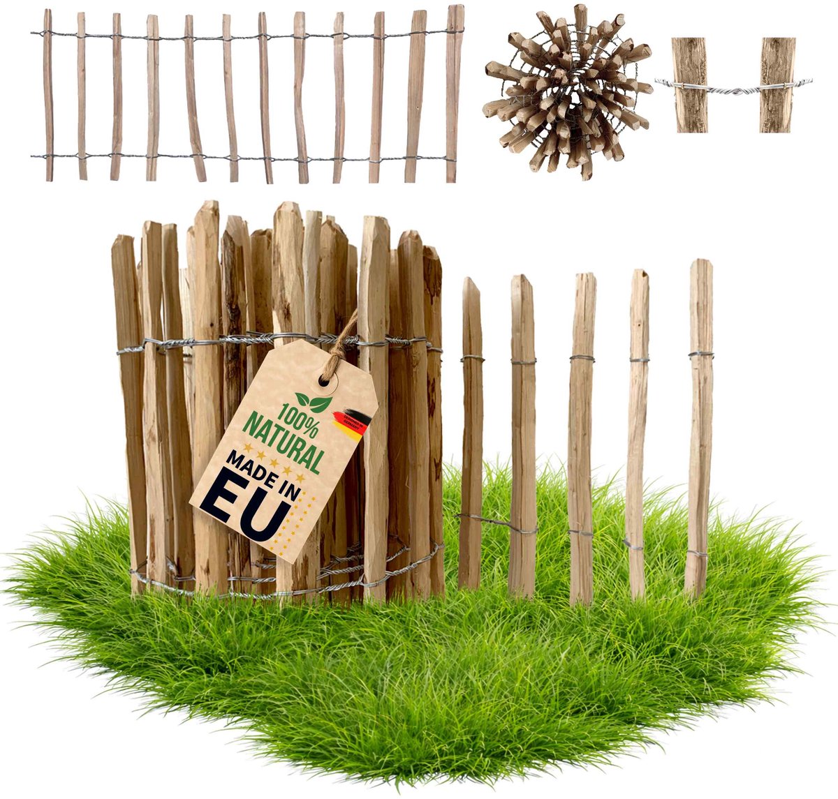 Floranica hazelaar kastanje schutting 1 lopende meter x 60cm hoog 4-6cm afstand tuinomheining, rollenschutting, kippenhek, houten hek