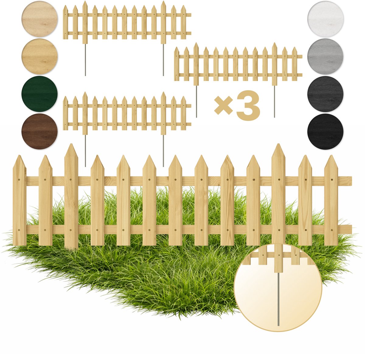 Floranica 3 ST houten tuinafscheiding 20 x 100 cm, natuurkleur, klassiek lattenhek met metalen palen, voor voortuin of groentebedden 3 Stk. / Natuur