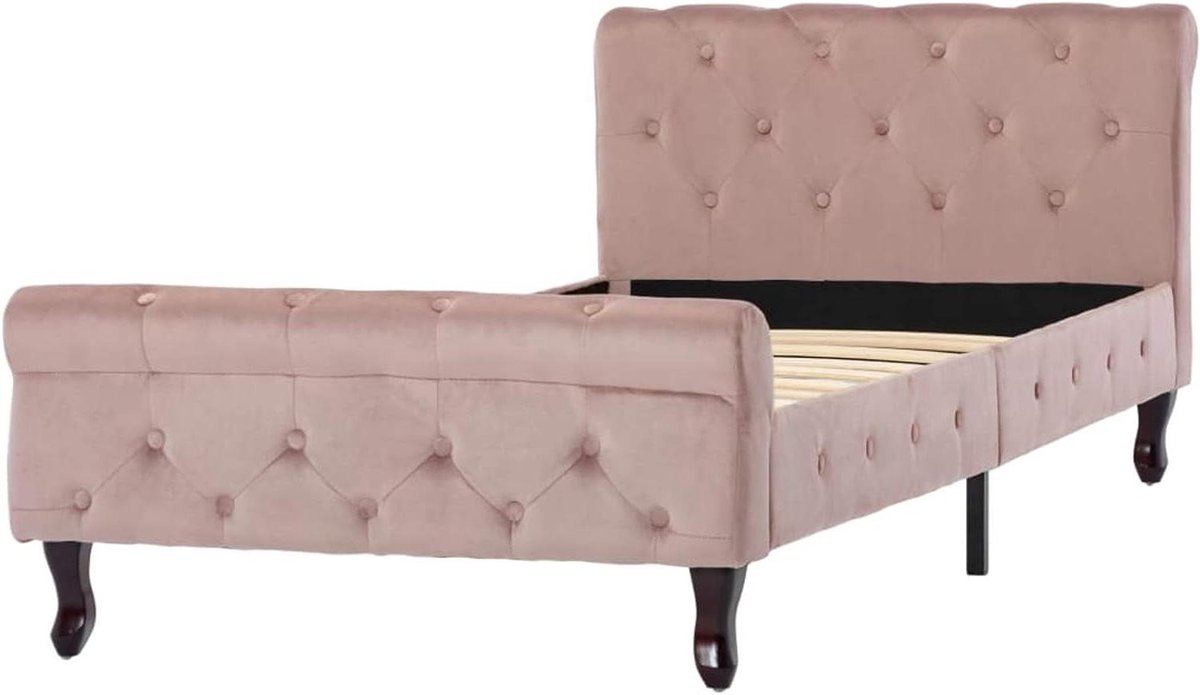 Bedframe Fluweel - Eenpersoonsbed Frame - Slaapkamer Inrichten - Stevig Grenenhouten Poten - 90x200 cm - Roze