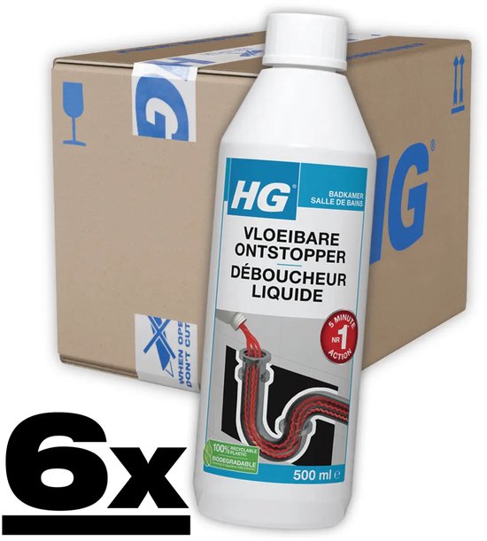 HG Vloeibare Ontstopper 6x 500 ml voordeelverpakking: 6 flessen met witte doppen voor een kartonnen doos. Tekst '5 minute nr 1 action'.