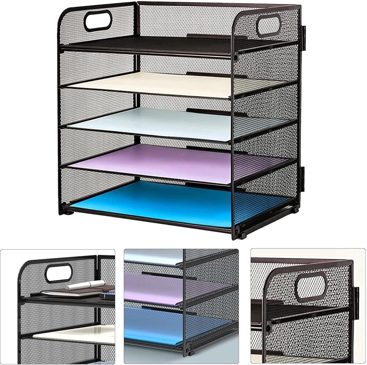 Bureau Organizer - Brievenbak Netstof - Kantoor Documenten - 5 Niveaus Stapelbaar - 36.7x35.3x6.7cm - Meerkleurig