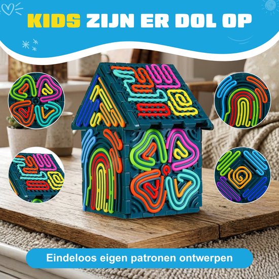 Een huisvormig fidget speelgoed met gekleurde linten erop, gefotografeerd met vier close-ups van de patronen.