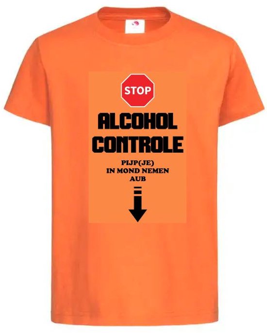 T-shirt Unisex Volwassenen "STOP Alcohol Controle Pijp(je) in mond nemen aub" Op Voorkant EK WK Voetbal Europees Wereld Wereld Kampioen Kampioenschap Oranje Koning Koningsdag | korte mouw | Oranje/Rood/Zwart/Wit | maat XXL