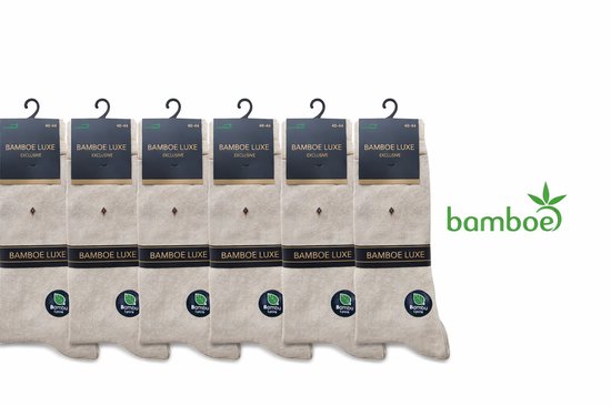 Zes paar beige 'Bamboe Luxe' herensokken met groen logo en 'Bambu Luxe' tekst.