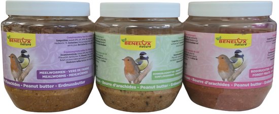 Benelux Vogelpindakaas Bundel 12 stuks - 4x Bosvruchten 4x Meelwormen en 4x Zonnepitten - Buitenvogelvoer