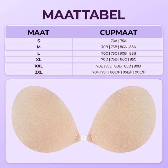 Maattabel met maten en cupmaten. Beige plak-bh's.
