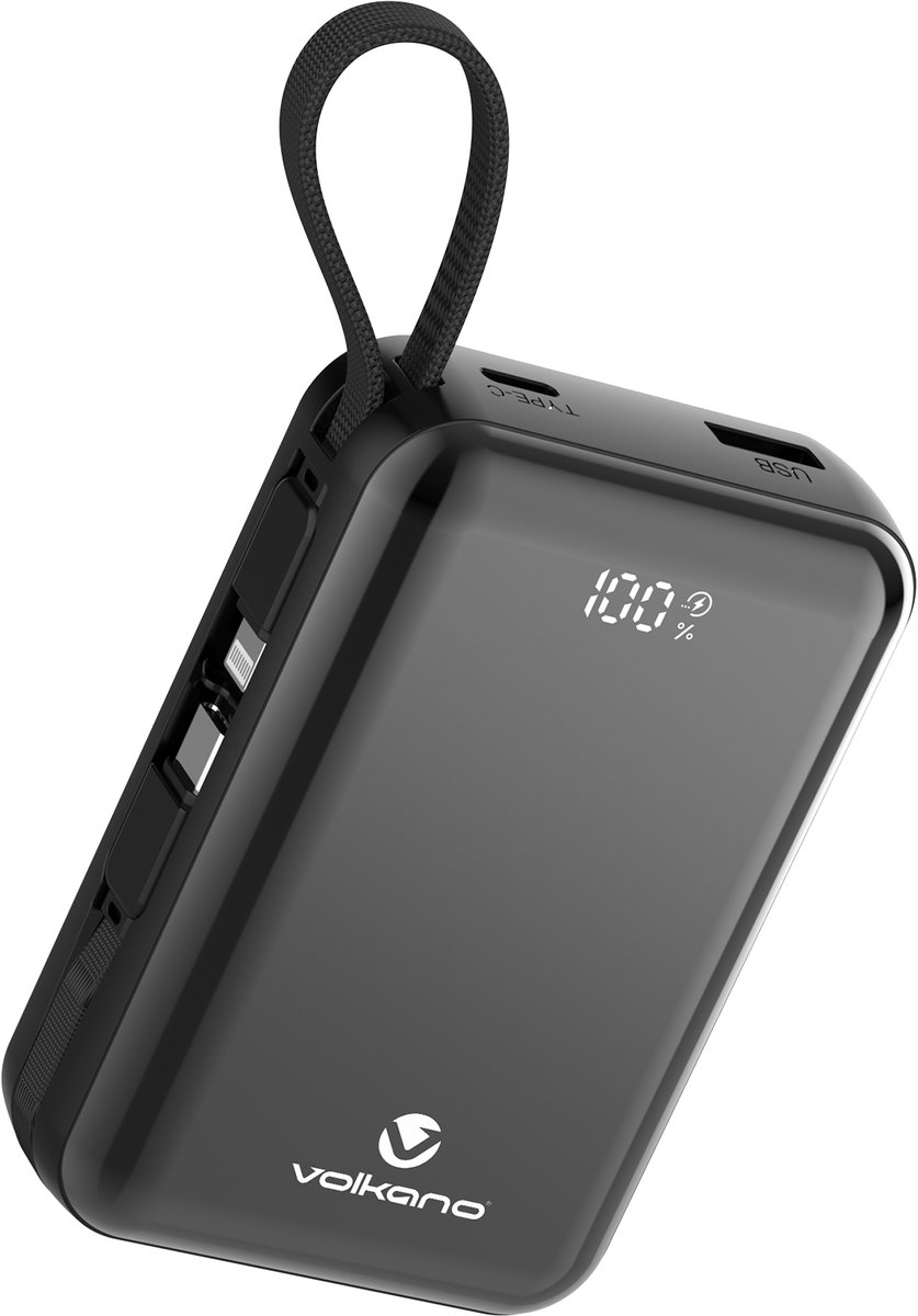 Volkano Solace Powerbank - 20000 mAh - 22.5W Snellader - Ingebouwde USB C en Lightning Kabels - Powerbank - USB A, USB C en Lightning - Zwart