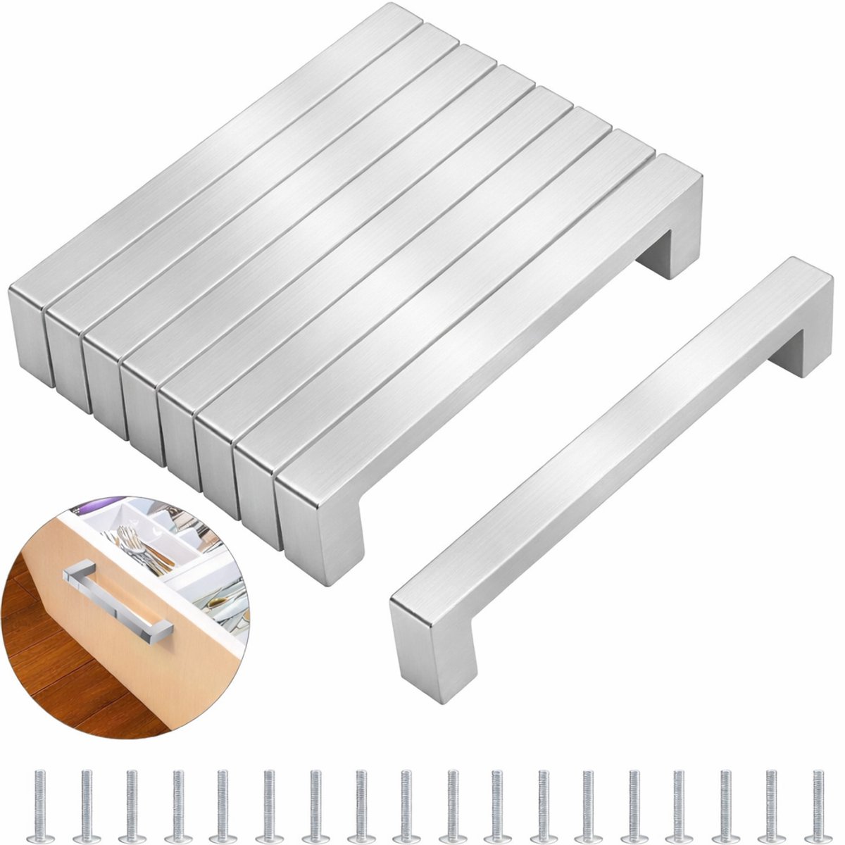 BOTC Handgrepen RVS - Handgreep - Set van 10 stuks - 128 mm - Met 20 schroeven - RVS - Morden Square meubelgrepen - Zilver