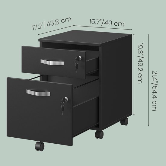 Zwarte archiefkast met twee open lades en afmetingen.