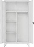 Witte metalen archiefkast met twee deuren, kledingroede en vier planken.
