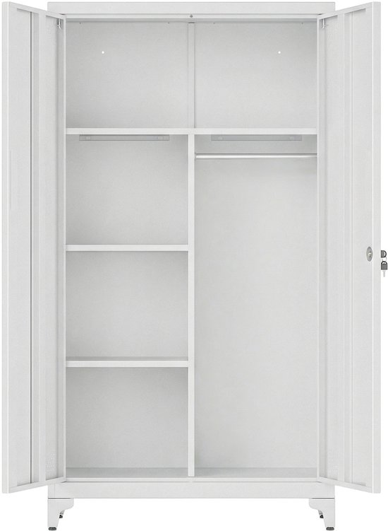 Witte metalen archiefkast met twee deuren, kledingroede en vier planken.