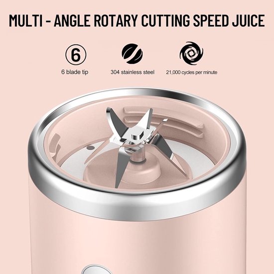 Draagbare Blender - 400ml - Incl. To Go Bekers - 6 Mesjes - Blender To Go -Smoothie Maker - Portable Blender - Oplaadbare mini Blender - USB-C - Oplaadbare Blenders - Draadloze Smoothie - Shake Maker - Voor milkshakes, sappen, smoothies - Roze van Merkloos — afbeelding 4